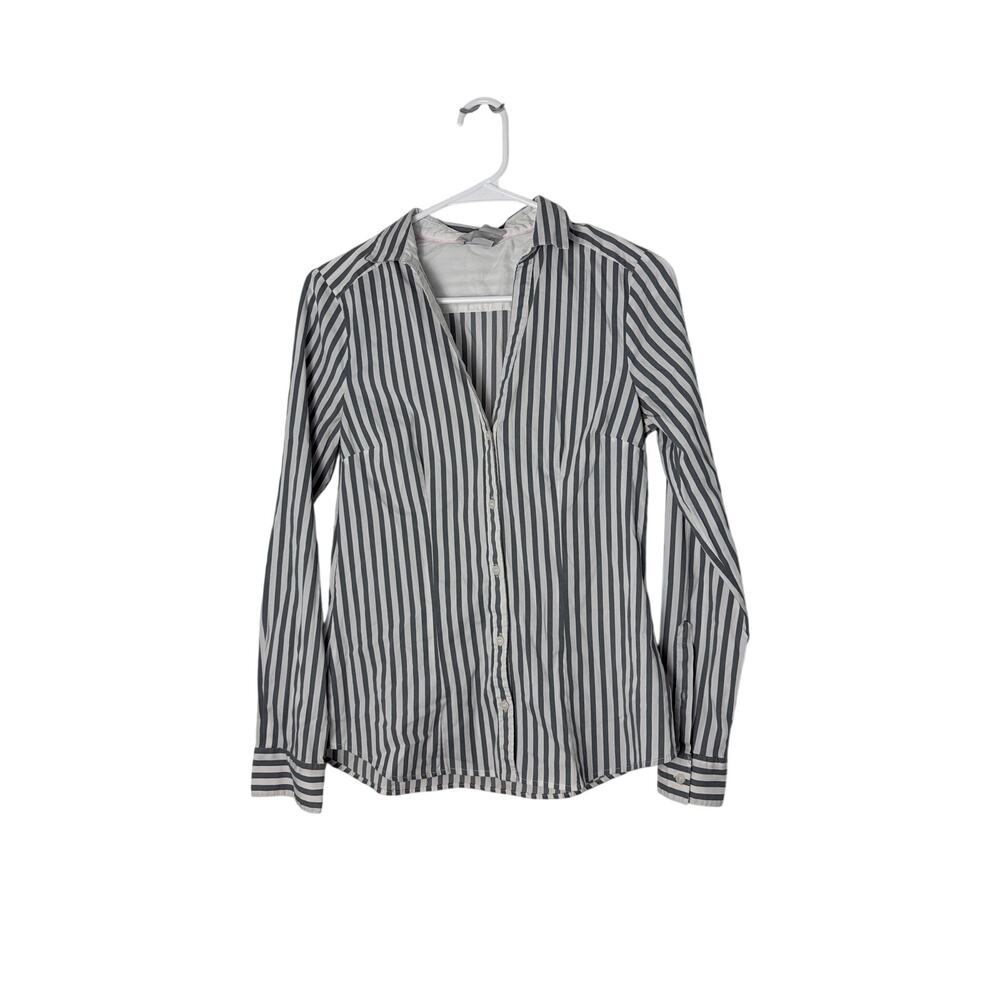 H&M Striped Button Down Shirt Women's Size 8 Grey White Long Sleeve Tailored